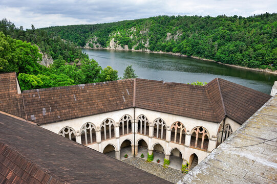 Exploring the courtyard of Zvikov Castle overlooking the meeting of rivers in South Bohemian Region of Czech Republic