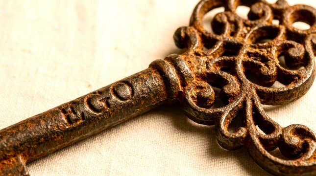 Rusty key with ornate, twisted design stands out