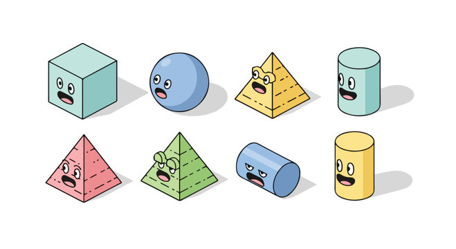 Cute geometric 3D shapes with faces, isometric cartoon math characters set, 8 colorful educational vector icons for school learning materials