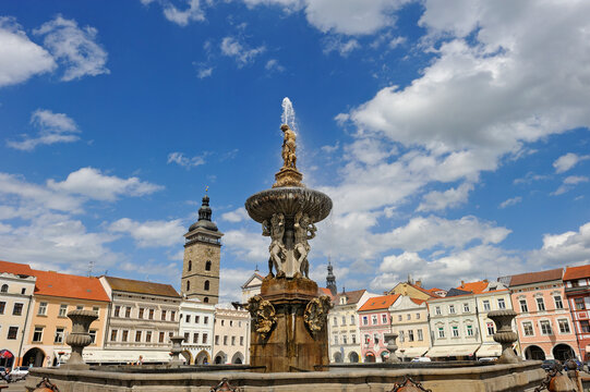 Baroque Samson fountain stands in Premysl Ottokar II Square with the Black Tower visible in the backdrop in Ceske Budejovice
