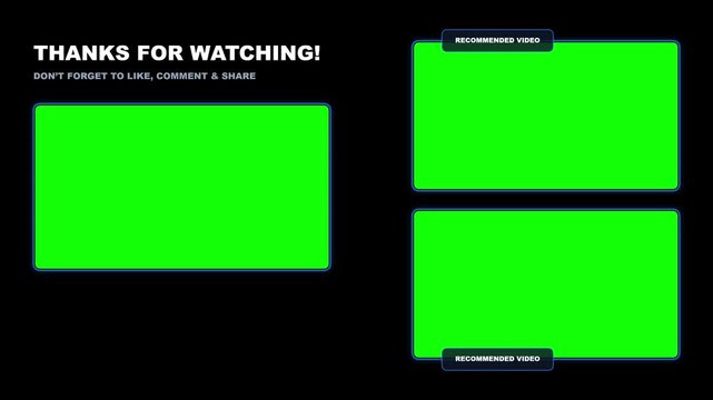 End screen template with green screen chroma key placeholders and social media call to action
