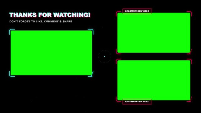 Green screen outro template with futuristic neon borders and chroma key placeholders on black background