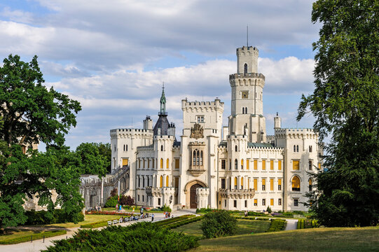 Hluboka Castle stands tall with its towers and walls in the South Bohemian Region, Czech Republic, showcasing rich architectural design