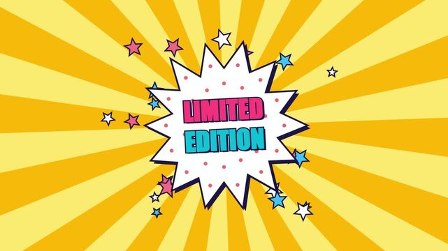 Limited edition promo banner in retro pop art style with comic speech bubble and sunburst background