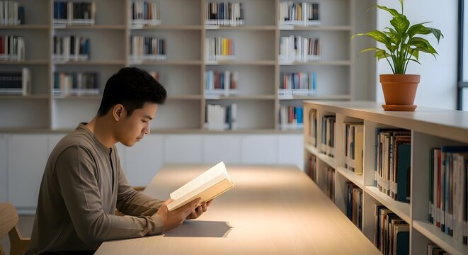 Young Asian man reading tablet in modern home library. Male professional browsing digital content on electronic device at wooden desk.