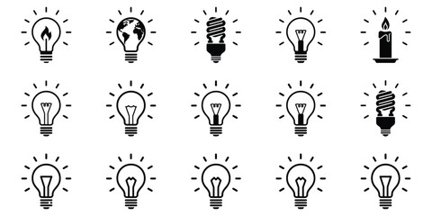 Light Bulb Silhouette Icons, Black Glowing Lamp Symbols with Radiating Rays for Idea, Innovation and Energy Design ©  