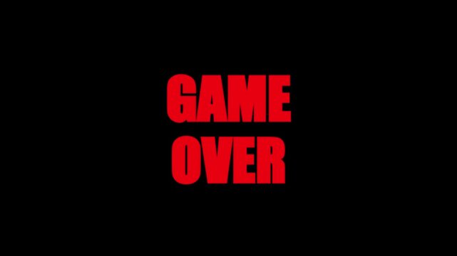 Game over screen text with retro glitch effect flashing red and white on a black background
