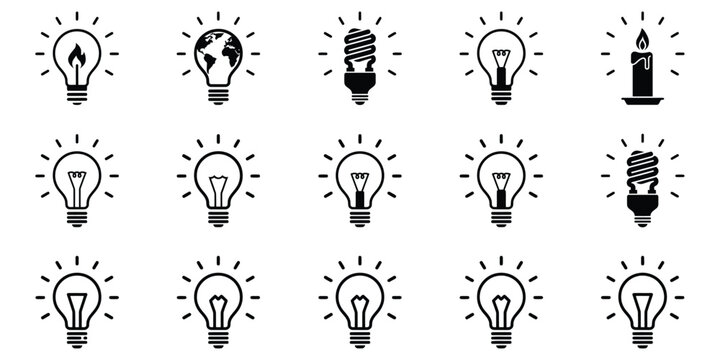 Light Bulb Silhouette Icons, Black Glowing Lamp Symbols with Radiating Rays for Idea, Innovation and Energy Design