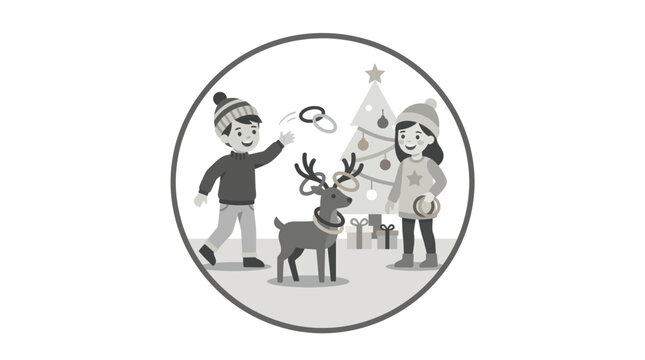 Boy and girl with reindeer outdoors.
