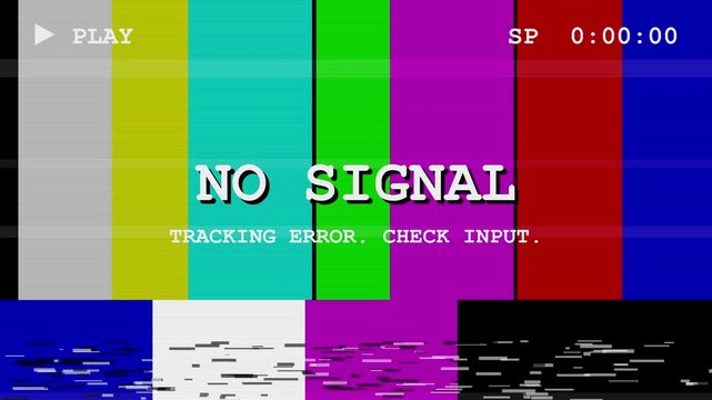 VHS no signal screen with tracking error message and retro color bars glitch effect