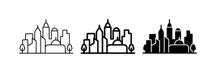 Obraz premium Modern Cityscape Icons, Urban Skyline Silhouettes, Minimalist Architecture Graphics
