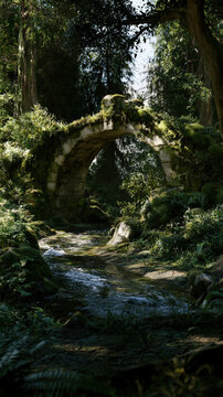 Ancient stone arch bridge covered in moss over a flowing stream in a dense forest with sunlight filtering through trees, photorealistic 8k