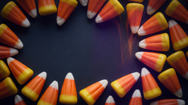 Halloween candy corn surrounds a dark center in a circular pattern on a black background