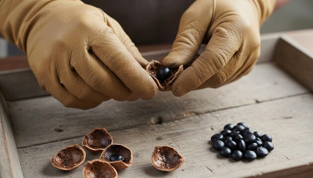 Removing Black Seeds from Dried Ritha Fruit Shells