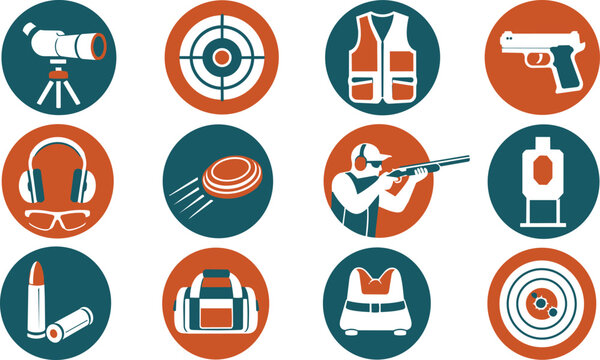 Shooting Sports Icons Set: Targets, Firearms, Protective Gear and Ammunition