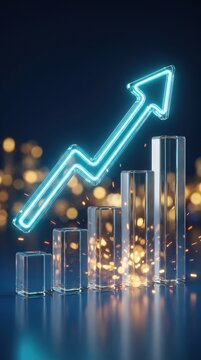 Glowing blue financial growth arrow and rising bar chart, digital business success concept, futuristic stock market data visualization on dark background