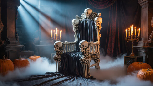 A spooky throne room decorated for Halloween with skulls and pumpkins in a dark mysterious interior setting with fog