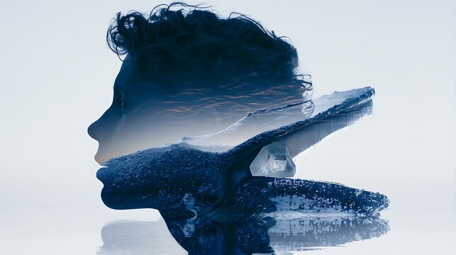 Prompt: A beautiful fine art double exposure portrait capturing inner peace. A dark silhouette profile of a human head is fused with a symbolic landscape of a massive humpback whale cradling 