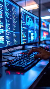 Software developer typing on mechanical keyboard with blue code on triple monitor setup, cybersecurity, data analysis, network monitoring
