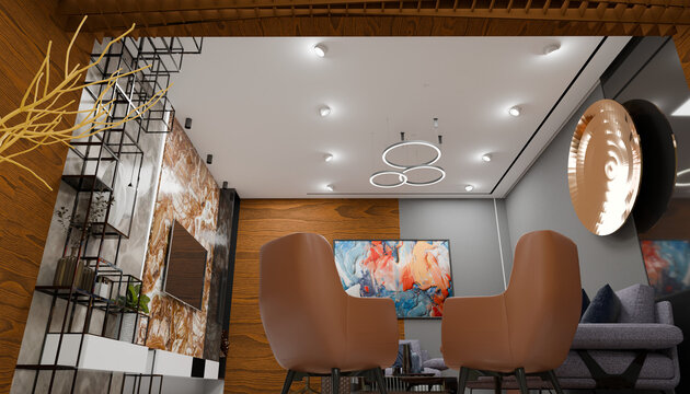 Modern Lounge Design: A contemporary living room interior featuring plush armchairs, a sleek entertainment unit with a TV displaying vibrant art, and stylish pendant lighting.