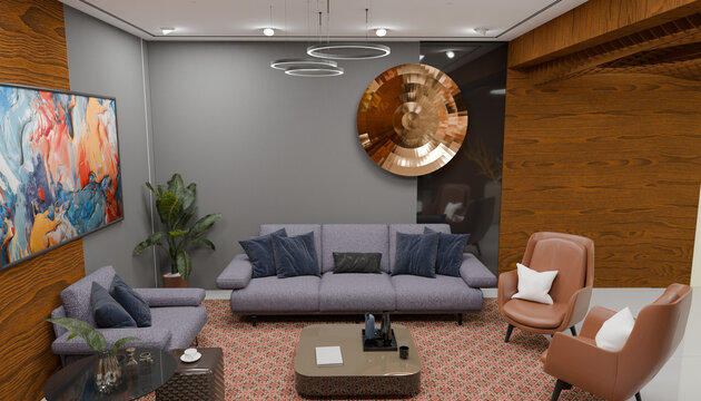 Modern Living Room: A stylish and contemporary living room with comfortable seating, a sleek coffee table, and artistic decor, creating an inviting and sophisticated atmosphere.