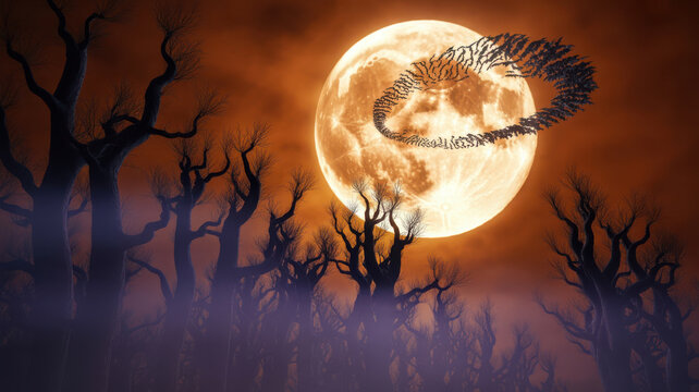A giant bat flies towards a full moon on a spooky Halloween night in a dark forest with bare trees.