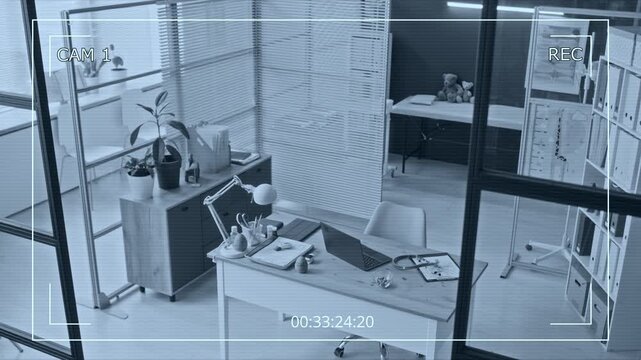 CCTV shot of empty pediatric clinic office being monitored by security camera. Footage is ideal for security system advertisements or healthcare privacy compliance videos