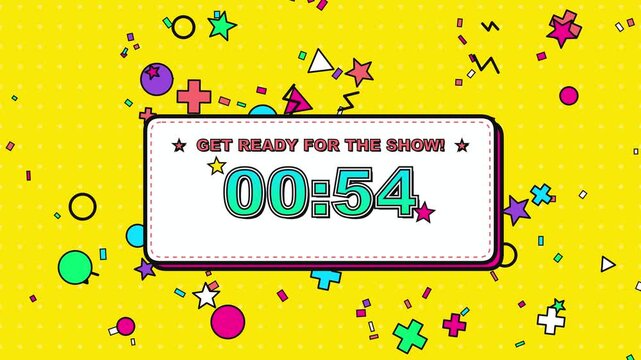 Pop art countdown timer starting from one minute on a bright yellow memphis style background