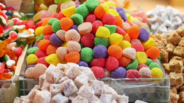 Colorful gummy candies and turkish delight piled high at a market stall
