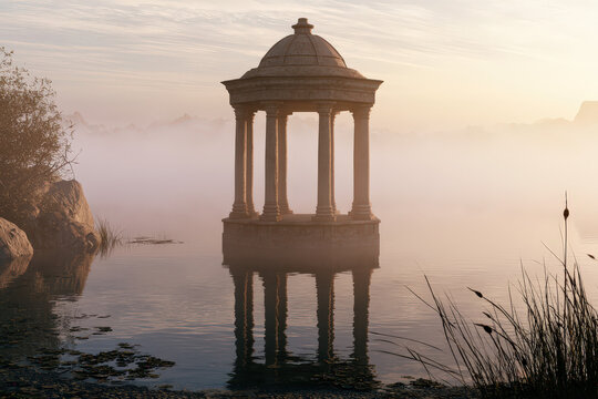 Ancient stone gazebo overlooking a misty serene lake at dawn with reflections on water and atmospheric lighting, photorealistic 8k