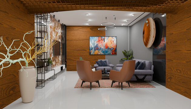 Modern Living Room Design: An elegantly designed modern living room, featuring warm wooden accents, comfortable seating, a striking abstract artwork, and ambient lighting.
