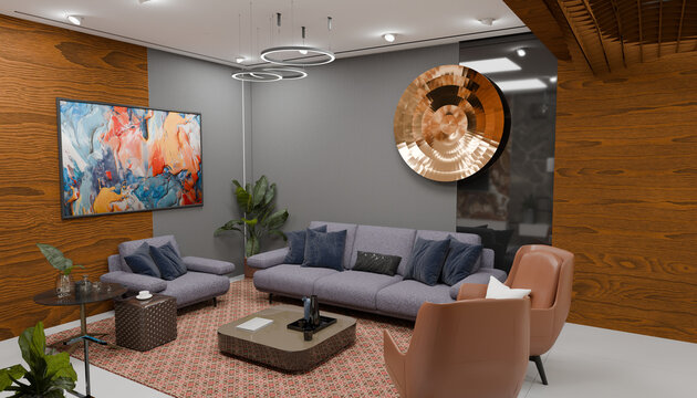 Modern Living Room Design: A chic and inviting living room featuring a stylish grey sofa, comfortable accent chairs, and a large abstract artwork.