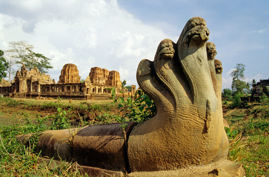 Khmer temple ruins show ancient stone structures and carved figures in Buri Ram province of Thailand