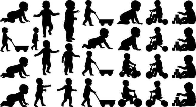 Baby and toddler developmental milestones playing and walking black vector silhouettes pack