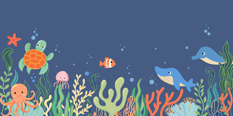 Marine life vector illustration with octopus turtle jellyfish and coral © Gita