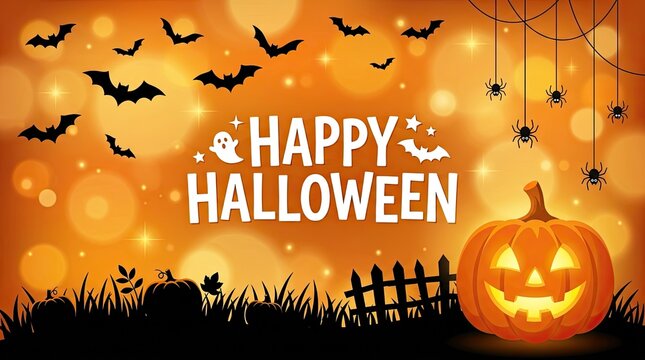 Happy halloween greeting card with glowing jack-o-lantern pumpkin silhouettes of flying bats spider web against an orange bokeh background halloween celebration greetings