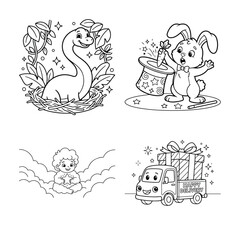 Fototapeta premium Set of cute coloring page illustrations for kids with animals and funny vehicles Vector