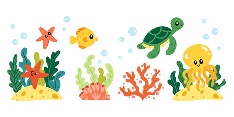Underwater scene with starfish fish turtle and octopus vector illustration © Gita