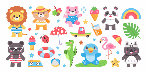 Summer themed vector illustration collection featuring animals and beach objects © Gita