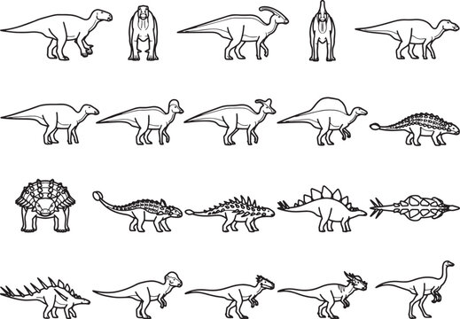 Collection of dinosaur illustration with multiple type and perspective, showcasing prehistoric creatures in a clear, graphic style.