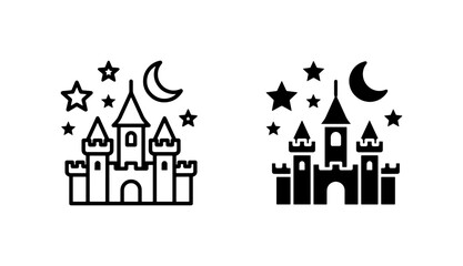 Fairytale Castle Icons, Magical Kingdom Silhouette, Celestial Night Sky Elements, Fantasy Architecture Vector Set © Sneha