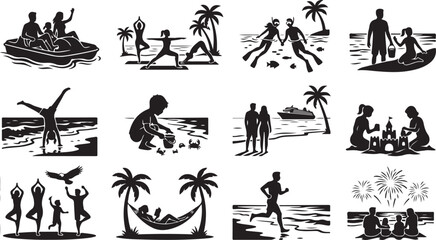 Set of black silhouette depicting summer beach vacation activities, including swimming, yoga, sandcastle building, snorkeling, relaxing in a hammock, and watching fireworks at the seaside