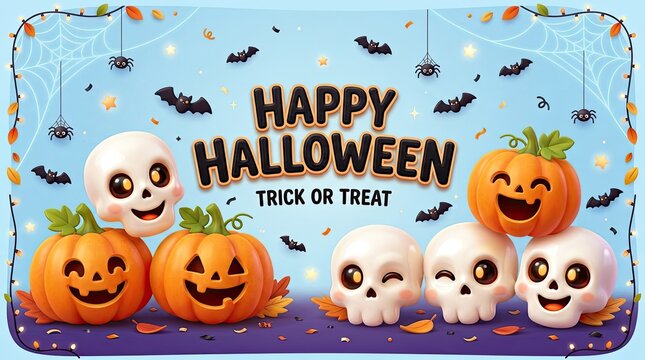 Happy halloween greeting card design with cute cartoon skulls jack-o-lanterns bats on a light blue background jack o lantern halloween pumpkins celebration background