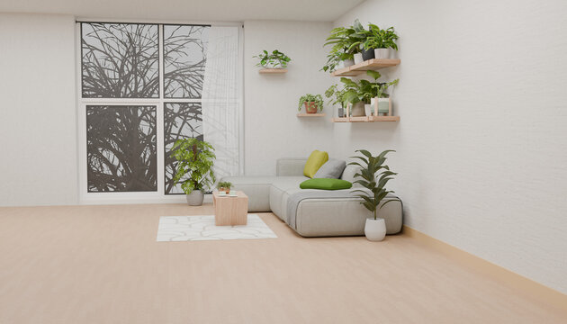 Cozy Living Room Oasis: A minimalist living room filled with lush green plants creates a serene and inviting atmosphere, complemented by a modern sofa and soft natural light.