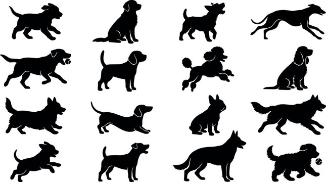Dog breed silhouettes vector set with running sitting and playing puppy shapesDog breed silhouettes vector set with running sitting and playing puppy shapes