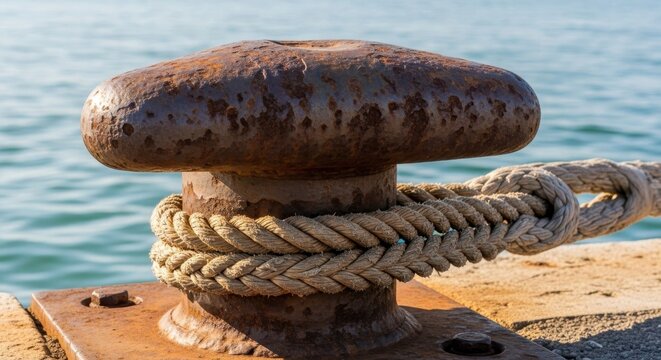 Weathered Steel Bollard With Thick Rope Mooring Securely Fastened at a Busy Maritime Dock