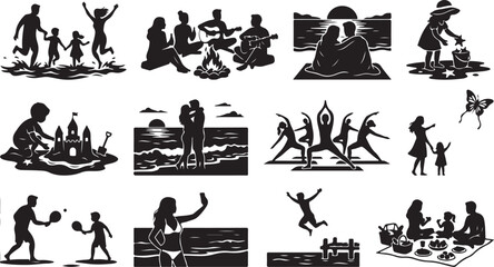Obraz premium Set of black silhouettes depicting family and couple activities, including beach play, campfire music, yoga practice, picnics, swimming, and romantic sunset moments on a white background