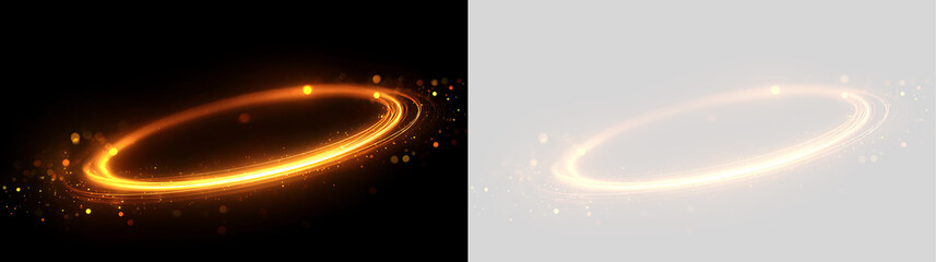 Tilted golden light ring with glowing particles. Luminous orange circular trail on black and transparent background. Isolated design element © Василий Куриленко