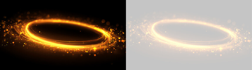 Glowing golden light ring with sparkling particles. Abstract neon circle trail on black and transparent background. Magic portal design element © Василий Куриленко