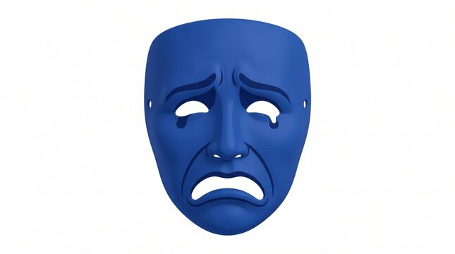 A blue mask with a frowning face expression sits alone on white